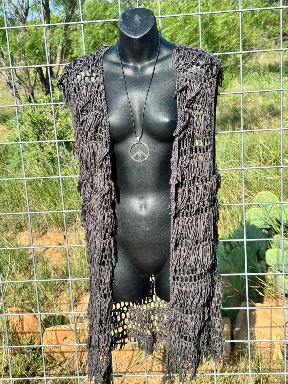 Umgee Gray Crochet Fringe Open-Knit Vest